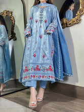 Farah Attire ice-blue shesha silk 3-piece pret with multi-thread floral embroidery and silk dupatta – Fashion Corner