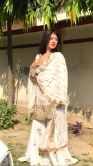 White Jorget Chiffon Tilla Embroidered Handwork Suit with Heavy Flared Gharara
