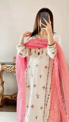 Elegant Shesha Silk 3-Piece Suit – Multi-Head Embroidery with Organza Dupatta