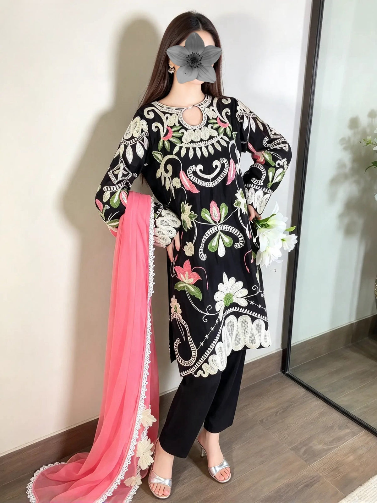 Areeba black shesha silk 3-piece pret with multi-colour arri embroidery and pink PK silk dupatta