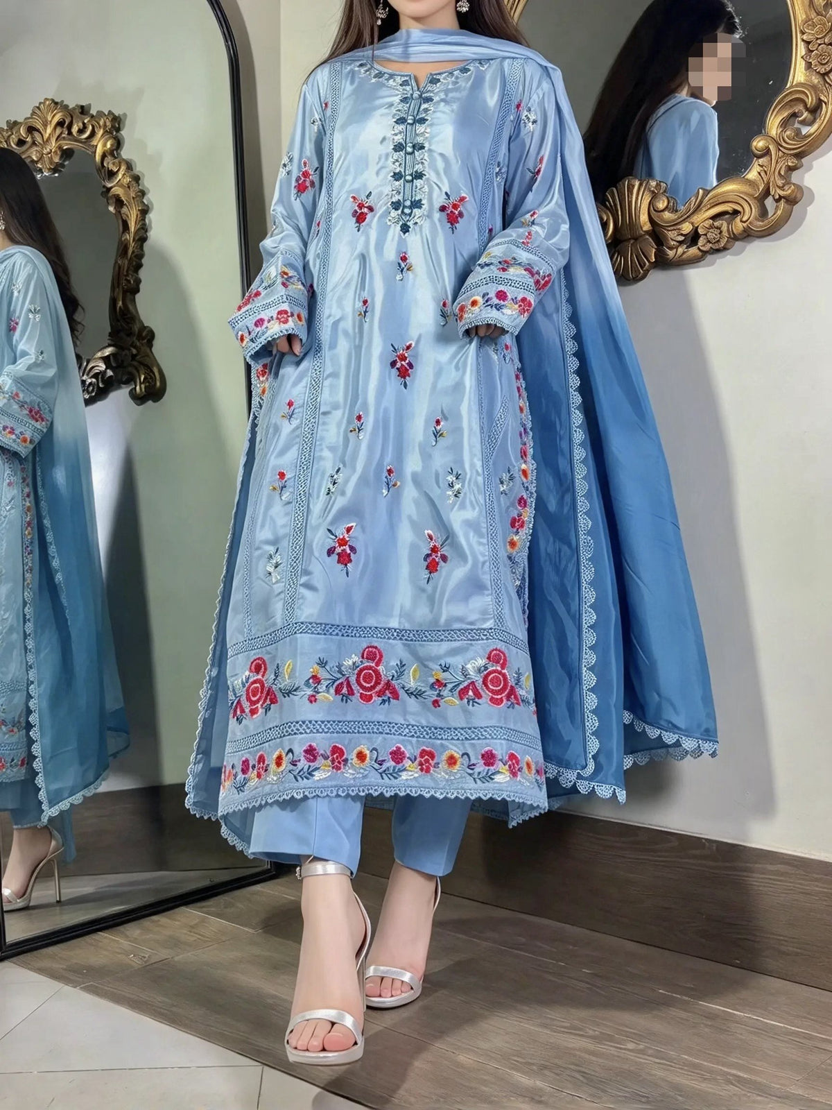 Farah Attire ice-blue shesha silk 3-piece pret with multi-thread floral embroidery and silk dupatta – Fashion Corner