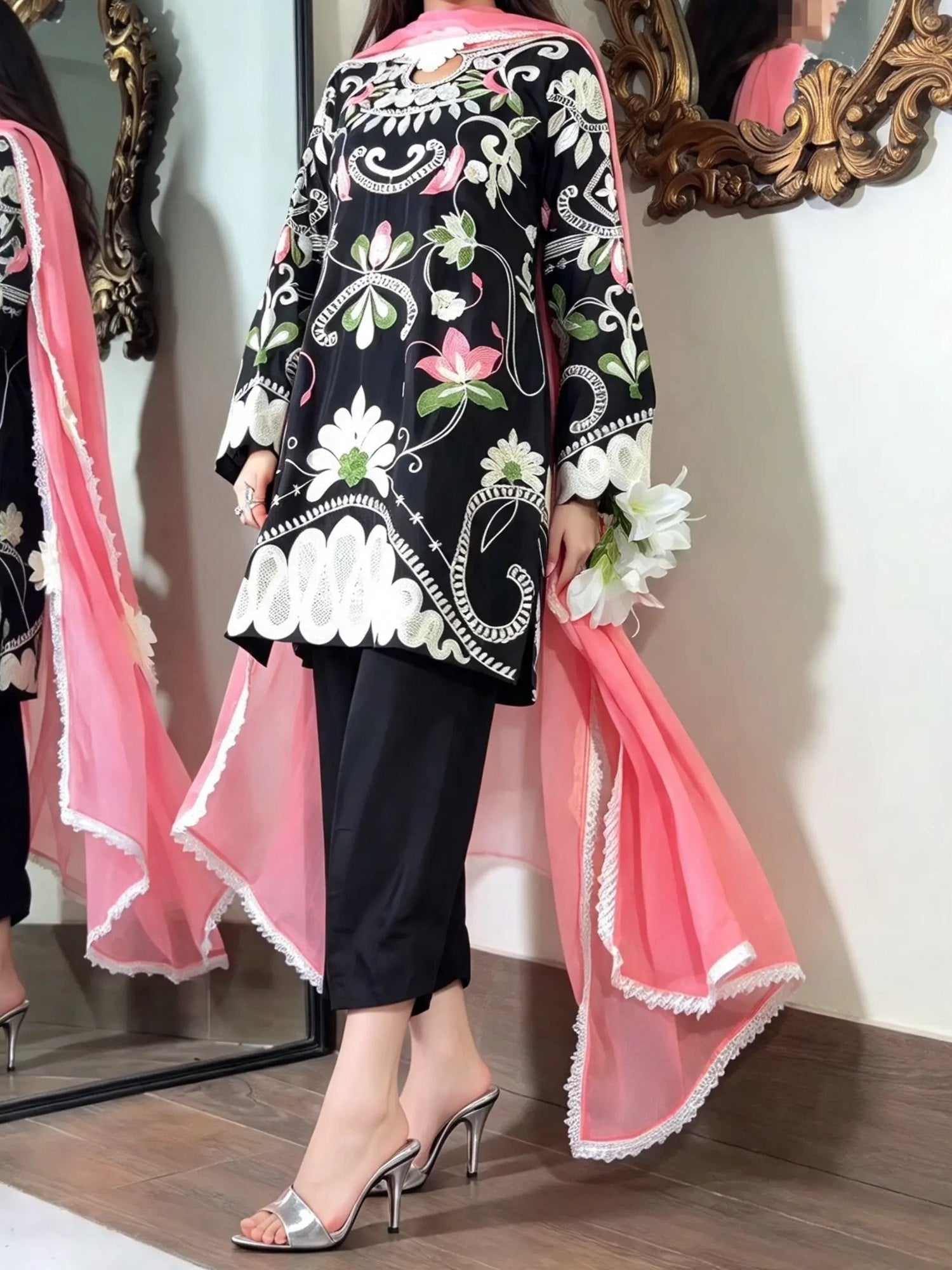 Areeba 3-piece side view with pink dupatta