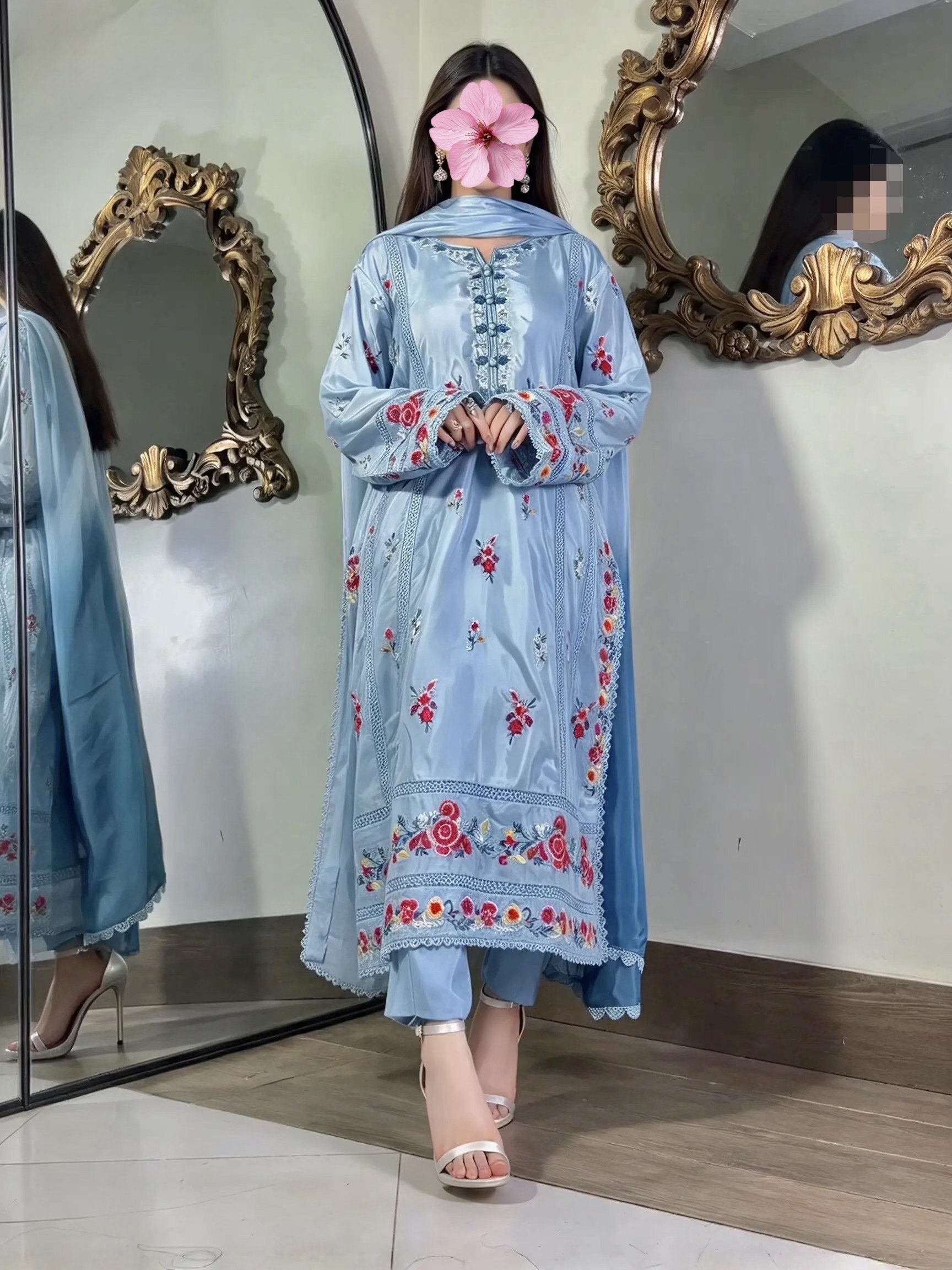 Farah Attire full front look – ice-blue shesha silk with floral thread work
