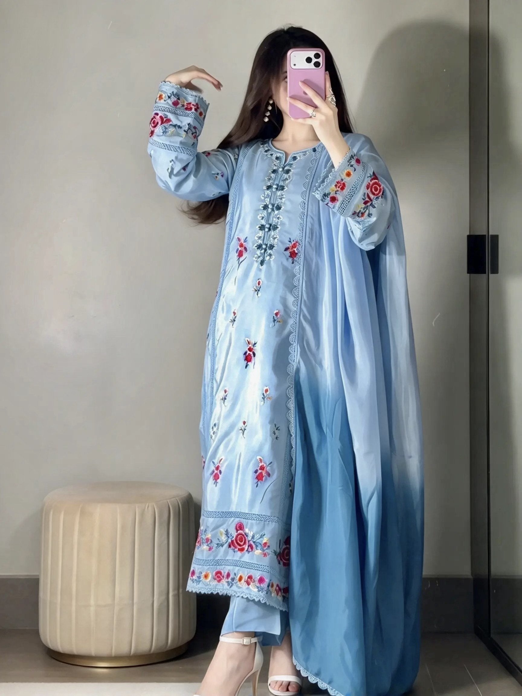 Farah Attire mirror view – ice-blue shesha silk 3-piece