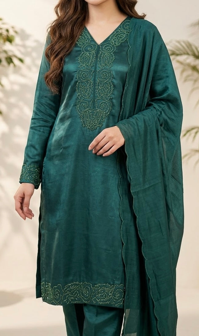 Pure Shamose Cut Dana Handwork Suit with Chiffon Dupatta (Dyeable)