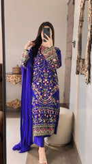 Elegant Russian Grip Thread Embroidered Suit with Chiffon Dupatta