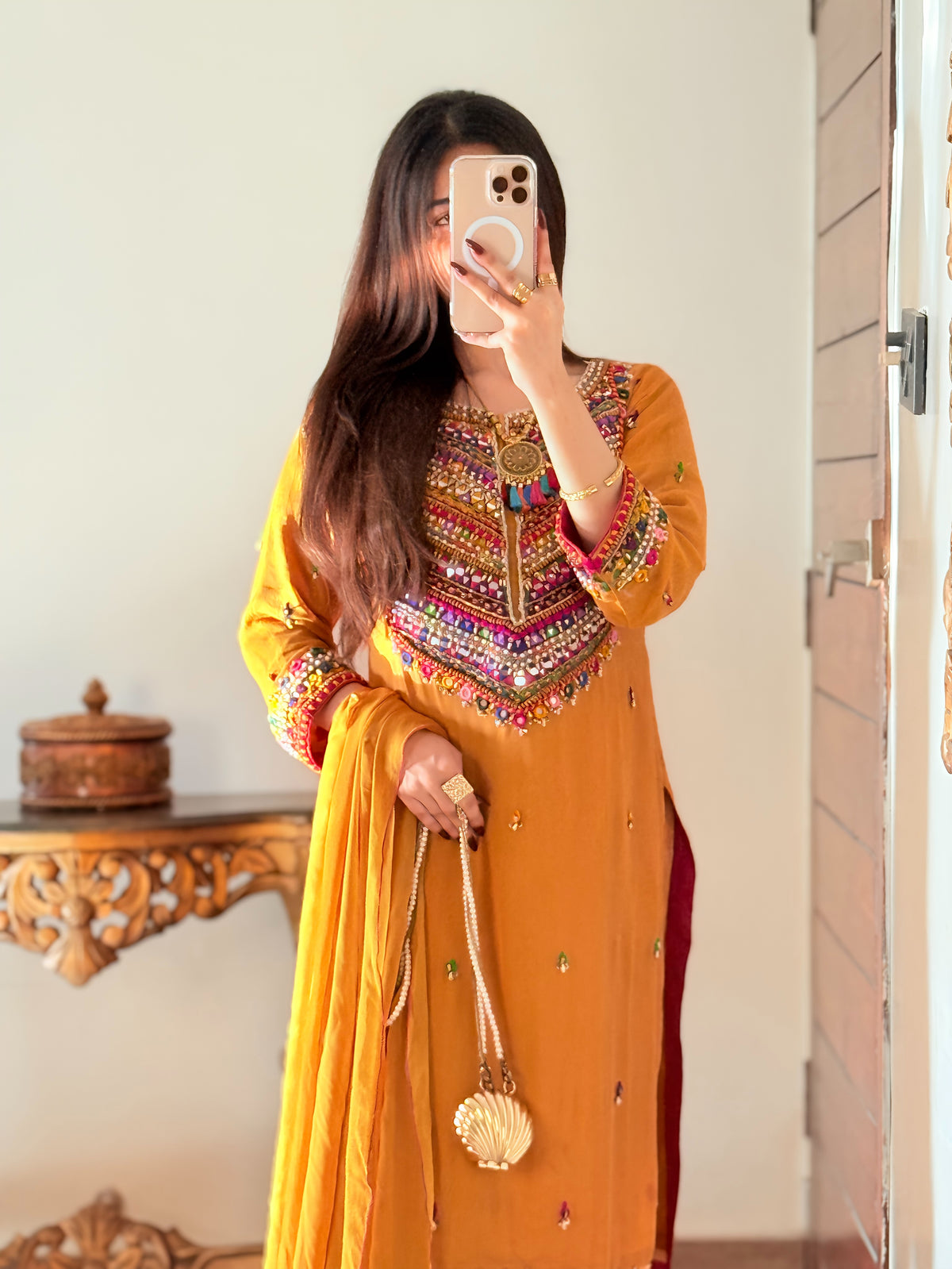 Chiffon Handworked Suit with Pasham, Mirror & Moti Detailing