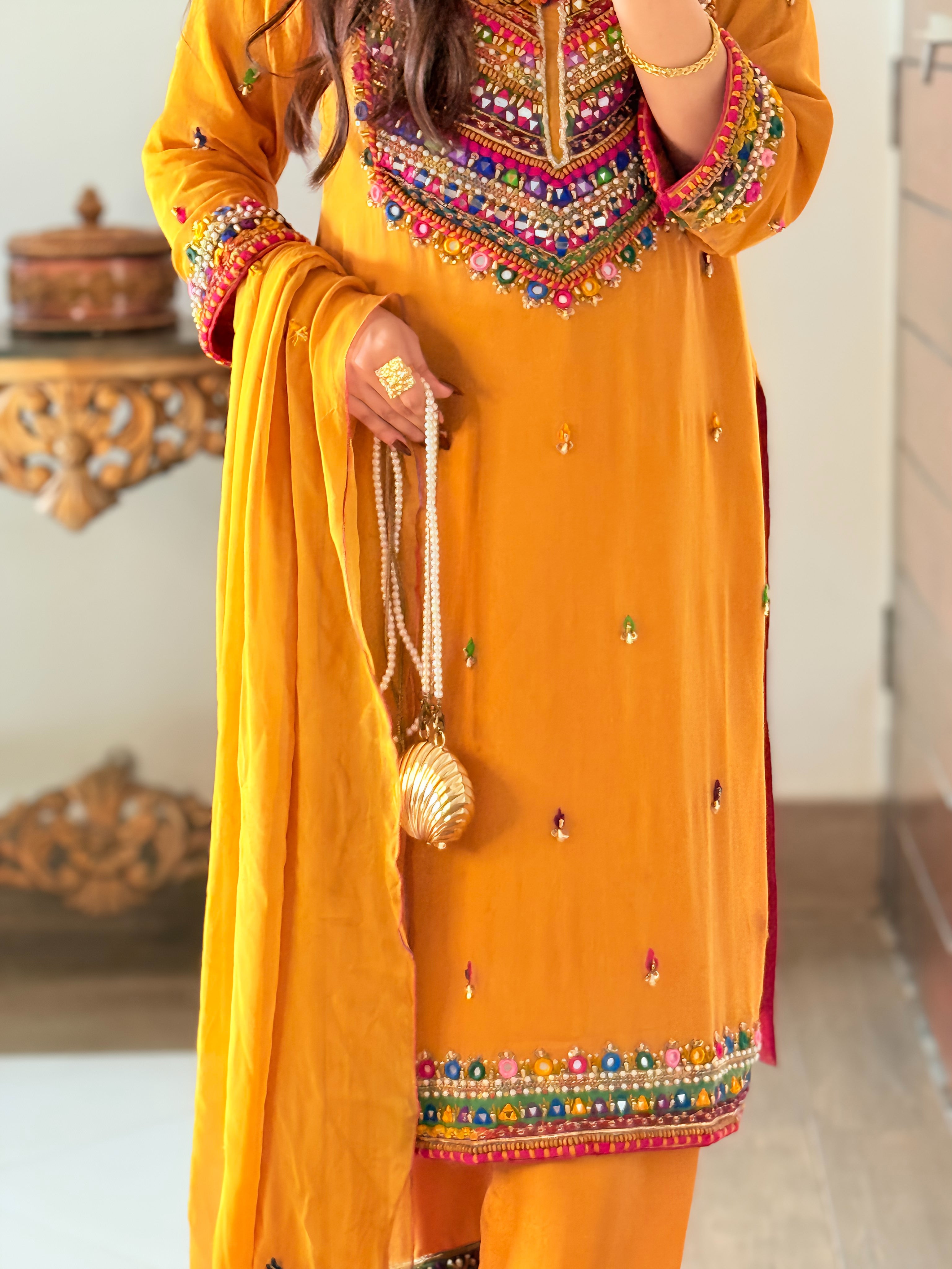 Chiffon Handworked Suit with Pasham, Mirror & Moti Detailing