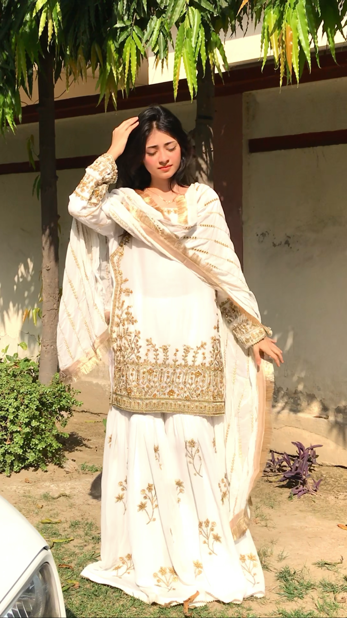White Jorget Chiffon Tilla Embroidered Handwork Suit with Heavy Flared Gharara