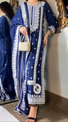 Noor e Aqsa navy shesha silk 3-piece pret with white arri thread embroidery and chiffon dupatta – Fashion Corner