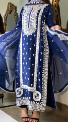 Noor e Aqsa navy shesha silk suit with flowing chiffon dupatta