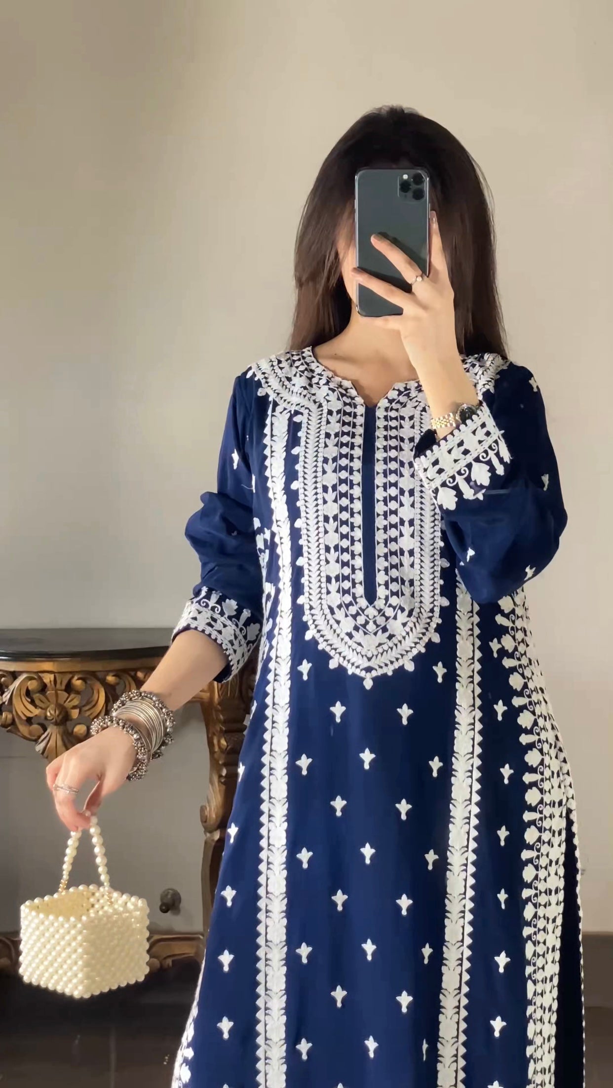 Noor e Aqsa mirror view – navy shesha silk with white thread work