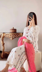 Elegant Shesha Silk 3-Piece Suit – Multi-Head Embroidery with Organza Dupatta