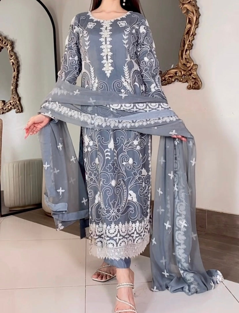 Grey Sonidharti Chiffon Ensemble with Heavy Arri Jhal Work